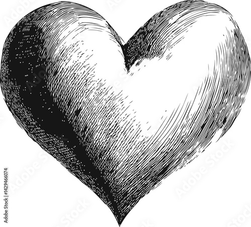 Black and white sketch of a heart shape with detailed shading art. Vector illustration