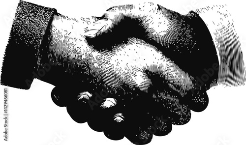 Black and white illustration of a handshake depicting business agreement in sketch style. Vector illustration