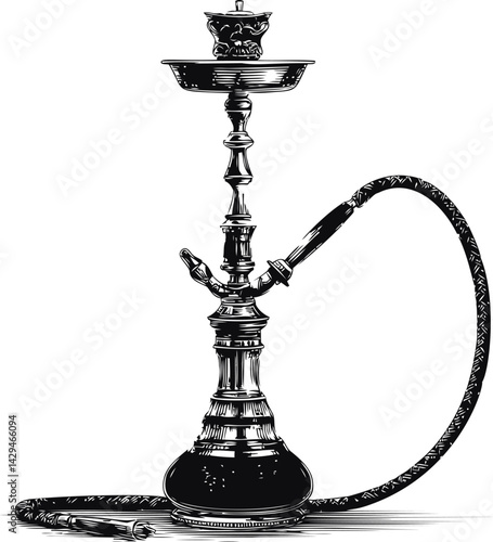 Black and white illustration of a traditional hookah with detailed design in sketch style. Vector illustration