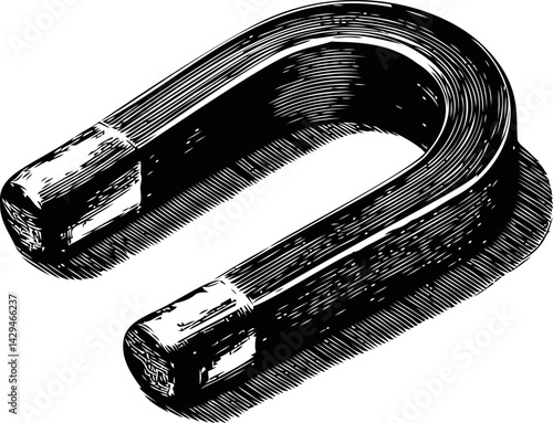 Black and white illustration of a horseshoe magnet on a textured surface in sketch style. Vector illustration
