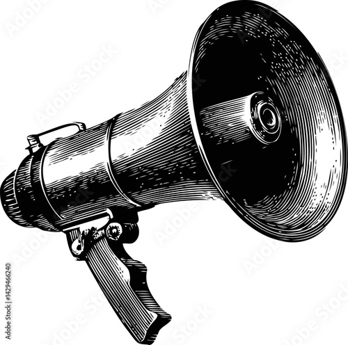 Vintage megaphone illustration in detailed black and white sketch style. Vector illustration