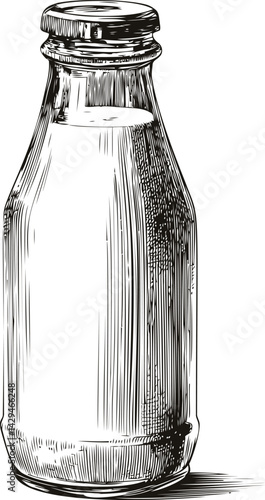 Black and white sketch of a milk bottle with intricate shading. Vector illustration