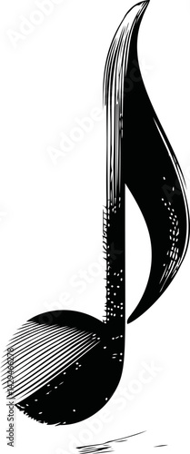 Black and white sketch of an eighth note with artistic line details. Vector illustration