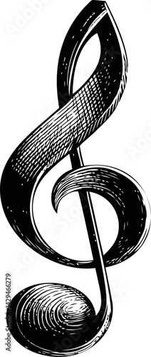 Black and white sketch of a musical treble clef with intricate details. Vector illustration