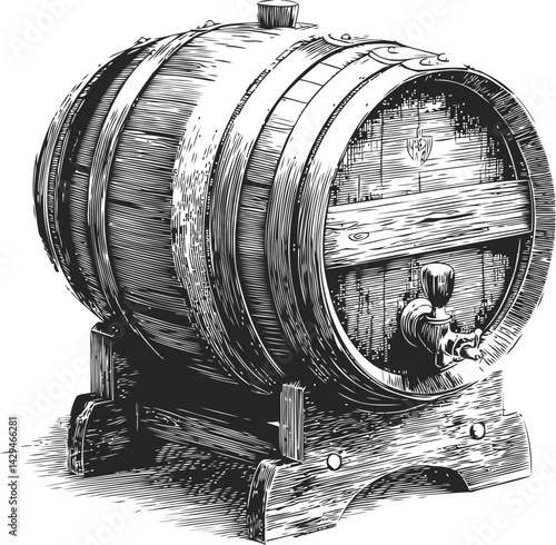 Vintage oak barrel with tap detailed etching in black and white, retro illustration in sketch style. Vector illustration