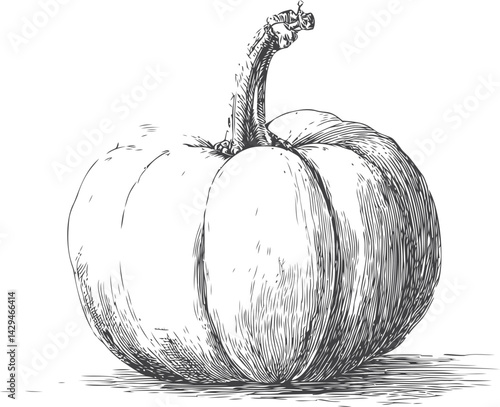 Hand-drawn black and white illustration of a large pumpkin in sketch style. Vector illustration