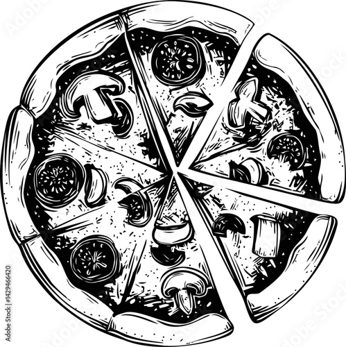Black and white sketch of a pizza with mushrooms and tomatoes, conceptual art. Vector illustration