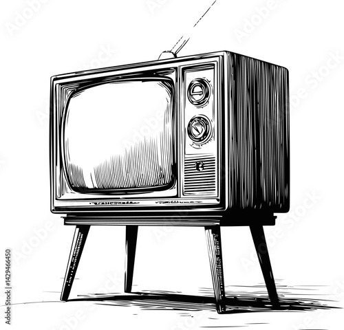Retro black and white illustration of an old television set with antennas in sketch style. Vector illustration