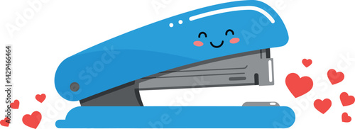Blue stapler with smiling face and red hearts vector illustration cute office supply design 