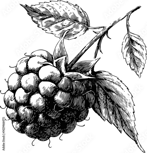 Intricate black and white raspberry sketch with detailed leaves. Vector illustration
