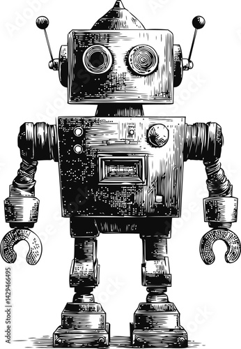 Vintage black and white illustration of a retro robot with antennas in sketch style. Vector illustration