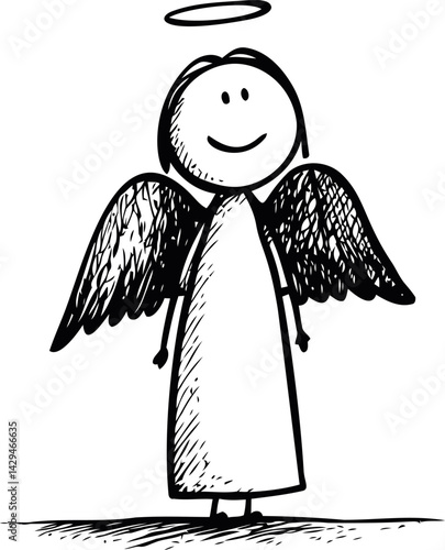 Black and white sketch of a smiling angel with wings and halo. Vector illustration