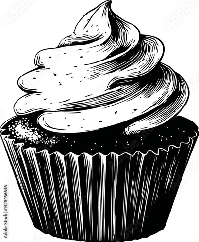 Monochrome illustration of a cupcake with swirled frosting in vintage style. Vector illustration