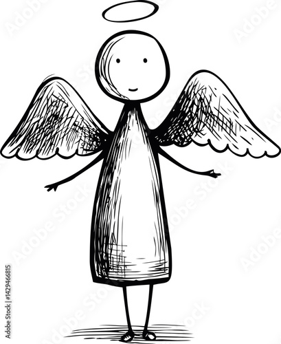 Simple sketch of a smiling stick figure angel with wings and halo. Vector illustration
