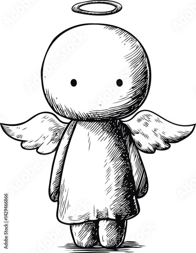 Cute cartoon angel with halo and wings in black and white sketch drawing. Vector illustration