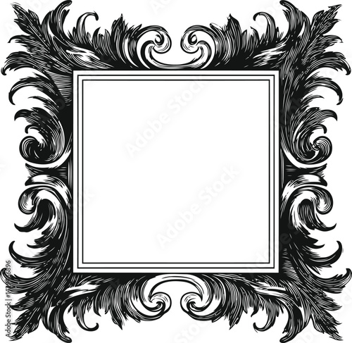 Ornate black and white vintage baroque style frame with intricate leaf designs. Vector illustration