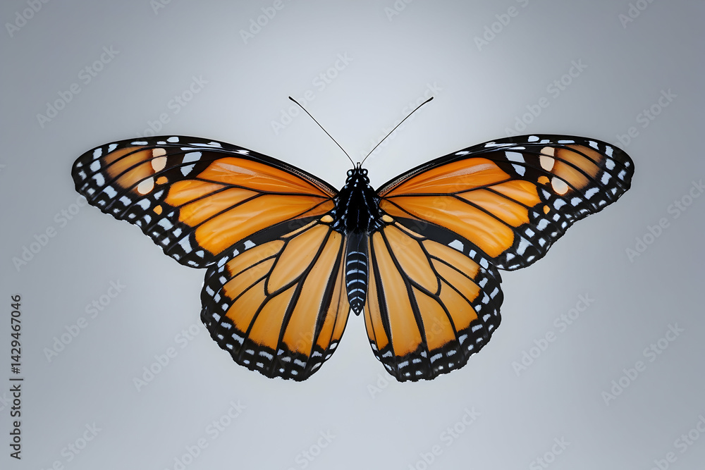 Fototapeta premium Monarch Butterfly in Flight Isolated on White: Vibrant Insect for Nature and Wildlife Imagery beautiful international buterfly day fly pic.