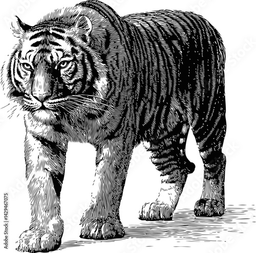 Black and white illustration of a majestic tiger walking forward. Vector illustration