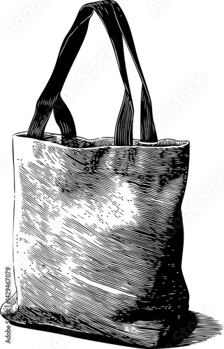 Monochrome illustration of a reusable tote bag with detailed black ink lines in sketch style. Vector illustration
