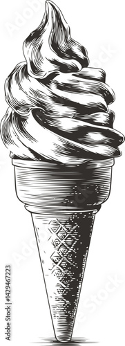 Vintage black and white sketch of a soft serve ice cream cone illustration. Vector illustration