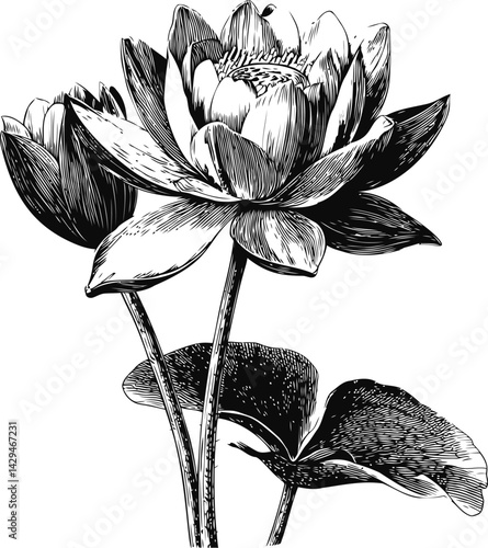 Intricate black and white illustration of blooming lotus flowers and leaves in sketch style. Vector illustration