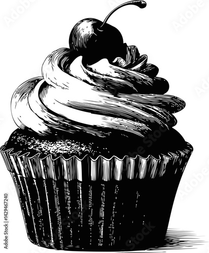 Black and white cupcake with cherry on top in vintage illustration style. Vector illustration