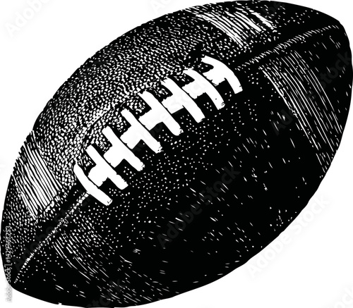 Black and white illustration of an american football with detailed stitching in sketch style. Vector illustration