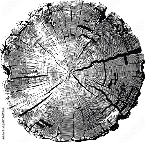 Illustration of tree rings in a cross-section of a log with intricate details. Vector illustration