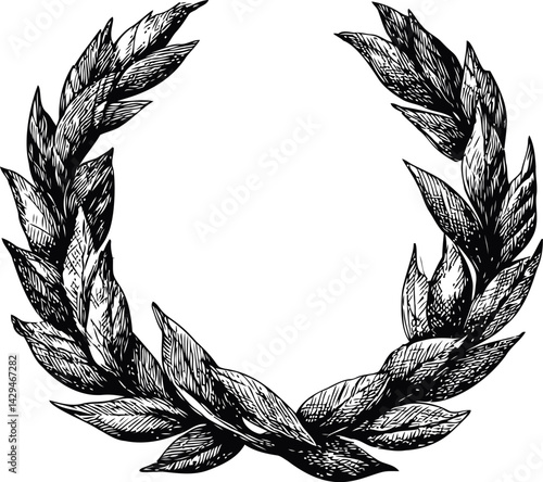 Hand-drawn laurel wreath with detailed leaves in black and white illustration. Vector illustration