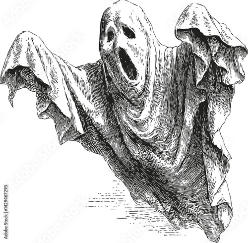 Ghostly figure in tattered cloth with haunting expression, vintage black and white sketch. Vector illustration