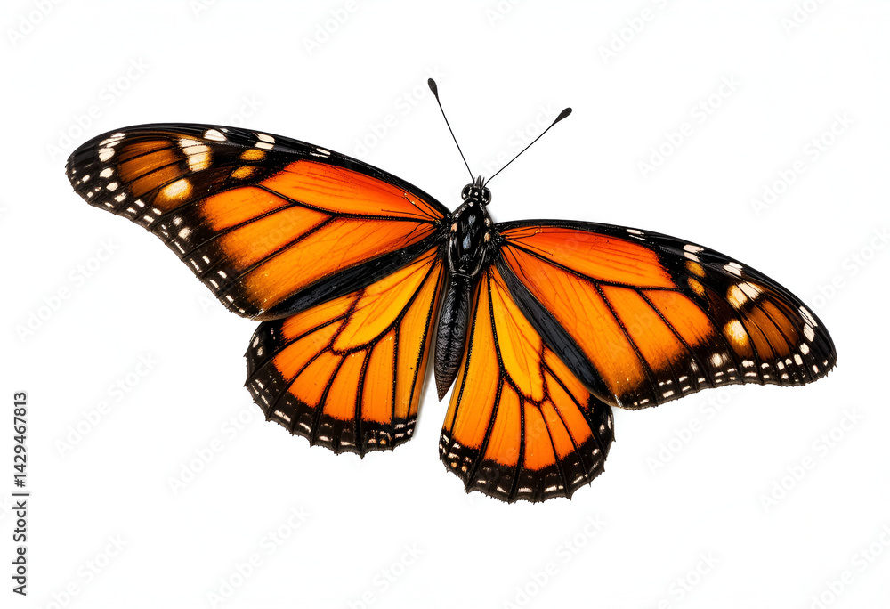 Fototapeta premium Monarch Butterfly in Flight Isolated on White: Vibrant Insect for Nature and Wildlife Imagery beautiful international buterfly day fly pic.