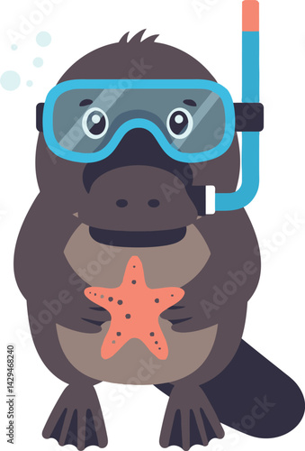 Platypus wearing snorkeling gear holding starfish underwater vector illustration cute animal 