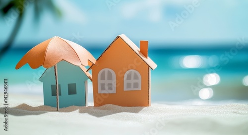 A small wooden house with a white umbrella stands on a tropical sandy beach, set against a blue sea background, evoking a sense of summer and outdoor daylight, symbolizing property and real estate