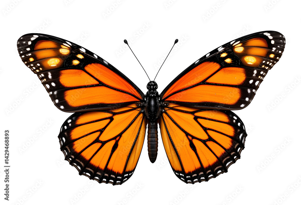 Fototapeta premium Monarch Butterfly in Flight Isolated on White: Vibrant Insect for Nature and Wildlife Imagery beautiful international buterfly day fly pic.