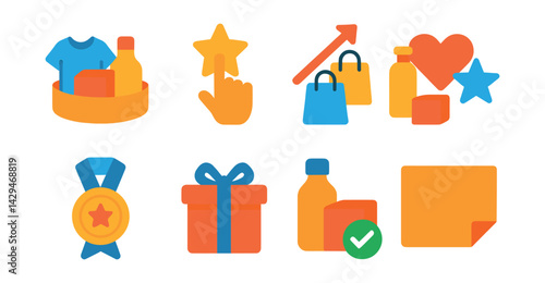 Flat vector icons of product curation: curated set, staff picks, trending collection, customer favorites, editor's choice, gift collection, bundle selection, curated banner.
