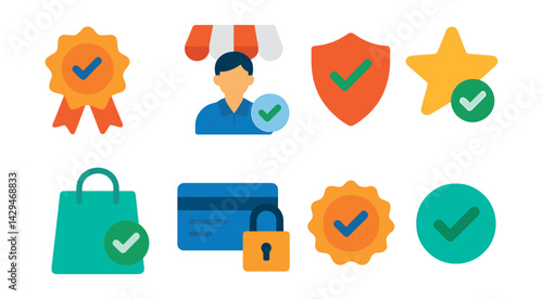 Flat vector icons of verified shopping: authenticity badge, seller verification, buyer protection, verified review, trusted brand, secure checkout, product seal, verified icon.
