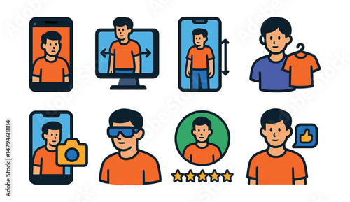 Flat vector icons of virtual fitting: try on model, 3D fit preview, change size view, avatar dressing, mirror camera, try with AR, fit match rating, feedback fit.