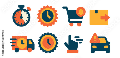 Flat vector icons of last-minute shopping: countdown timer, limited time badge, cart urgency icon, ship today label, same-day delivery, final hours sticker, rush checkout, delivery warning.