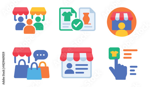 Flat vector icons of multi-vendor marketplaces: different sellers icon, compare offers, seller rating, product from multiple stores, vendor chat, seller page, product selection, store list.