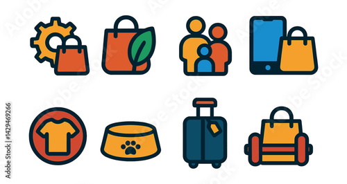 Flat vector icons of shopping by lifestyle: minimalist gear, eco-conscious picks, family bundles, tech enthusiast icon, fashion-forward badge, pet essentials, travel sets, fitness must-haves.
