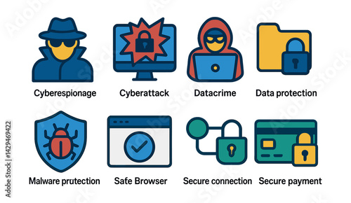 Flat vector icons of cybersecurity: cyber espionage, cyberattack, cybercrime, data protection, malware protection, safe browser, secure connection, secure payment.