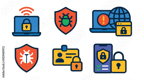 Flat vector icons of cybersecurity: VPN, antivirus, cyber threat, cyberattack, cybercrime, malware protection, personal data safety, two-factor authentication.
