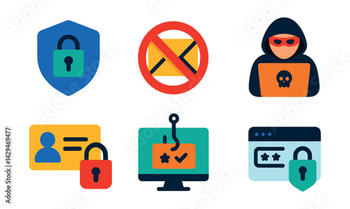 Flat vector icons of cybersecurity: VPN, anti-spam, cyber defense, cybercrime, personal data safety, phishing, secure login, secure payment.