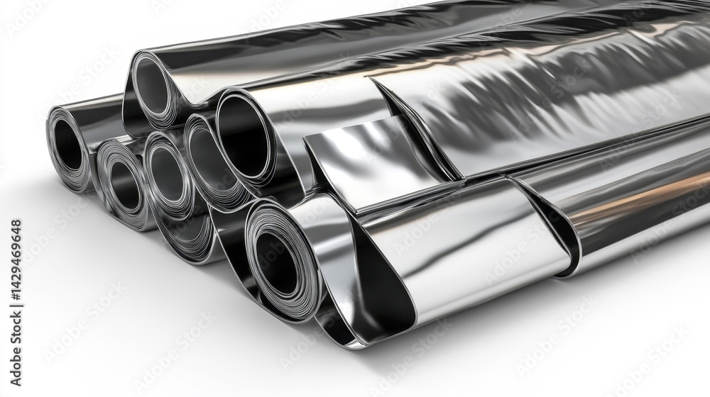 Fototapeta premium Rolled galvanized steel sheets isolated on white background. Generative AI
