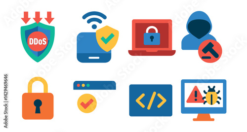 Flat vector icons of cybersecurity: DDoS protection, IoT device protection, VPN, cybercrime, digital lock, safe browser, secure code, threat monitoring.
