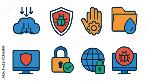 Flat vector icons of cybersecurity: DDoS protection, antivirus, cyber hygiene, data leak prevention, digital safety, secure access, secure connection, threat monitoring.