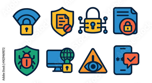 Flat vector icons of cybersecurity: VPN, data theft prevention, digital lock, encryption, malware protection, secure connection, threat monitoring, two-factor authentication.