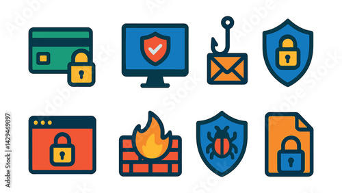 Flat vector icons of cybersecurity: secure payment, antivirus, phishing, data protection, secure login, firewall, malware protection, encrypted file.