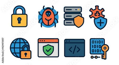 Flat vector icons of cybersecurity: digital lock, cyber threat, secure server, virus protection, VPN, secure browser, secure code, encryption.