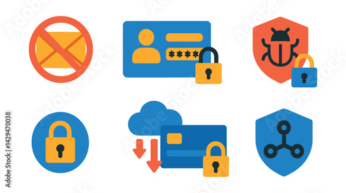 Flat vector icons of cybersecurity: anti-spam, secure login, malware protection, personal data safety, digital lock, DDoS protection, secure payment, network protection.